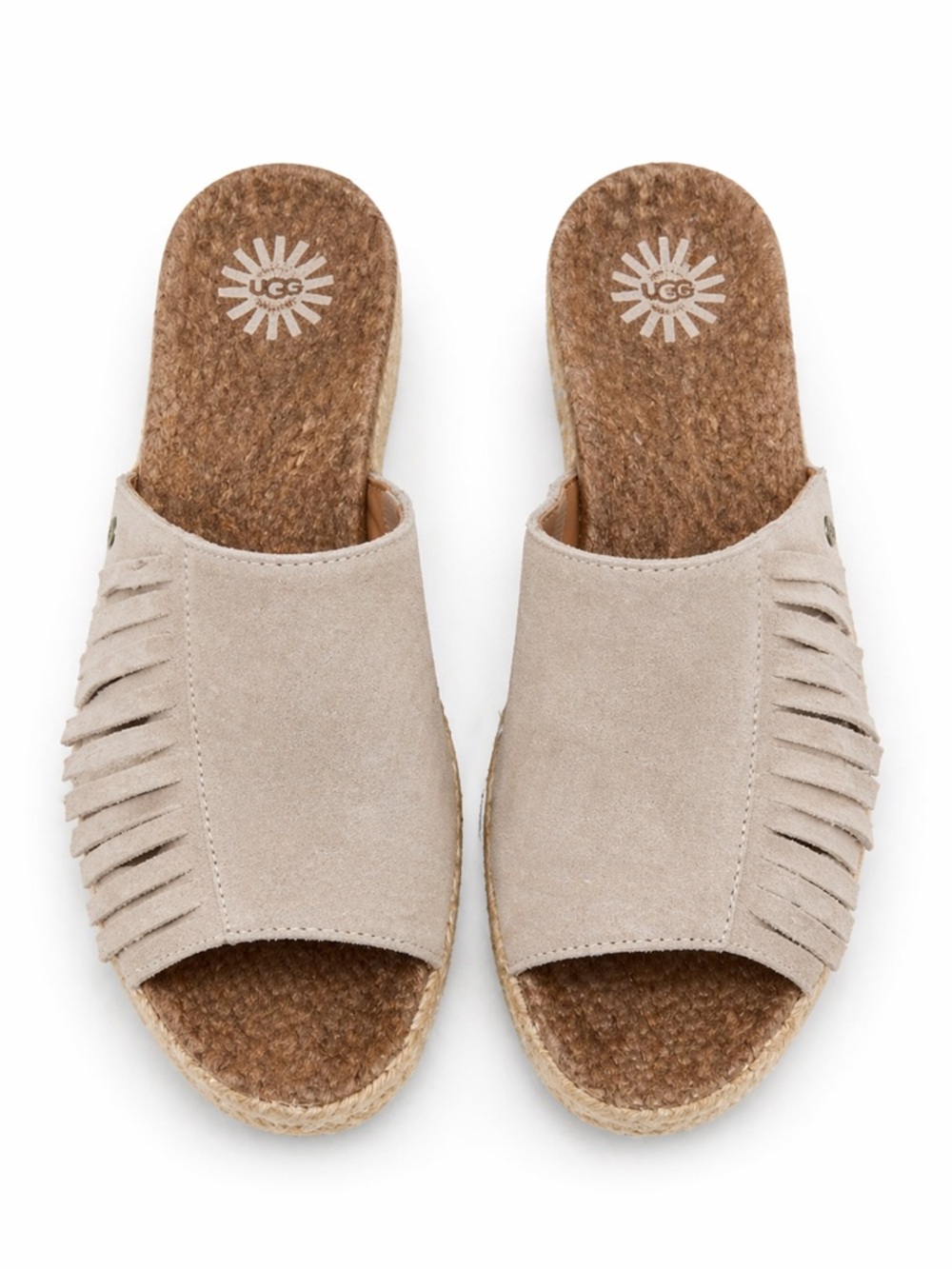 UGG Danes Fringe Slide Wedge Sandals Beige Suede Cork Platform 8
